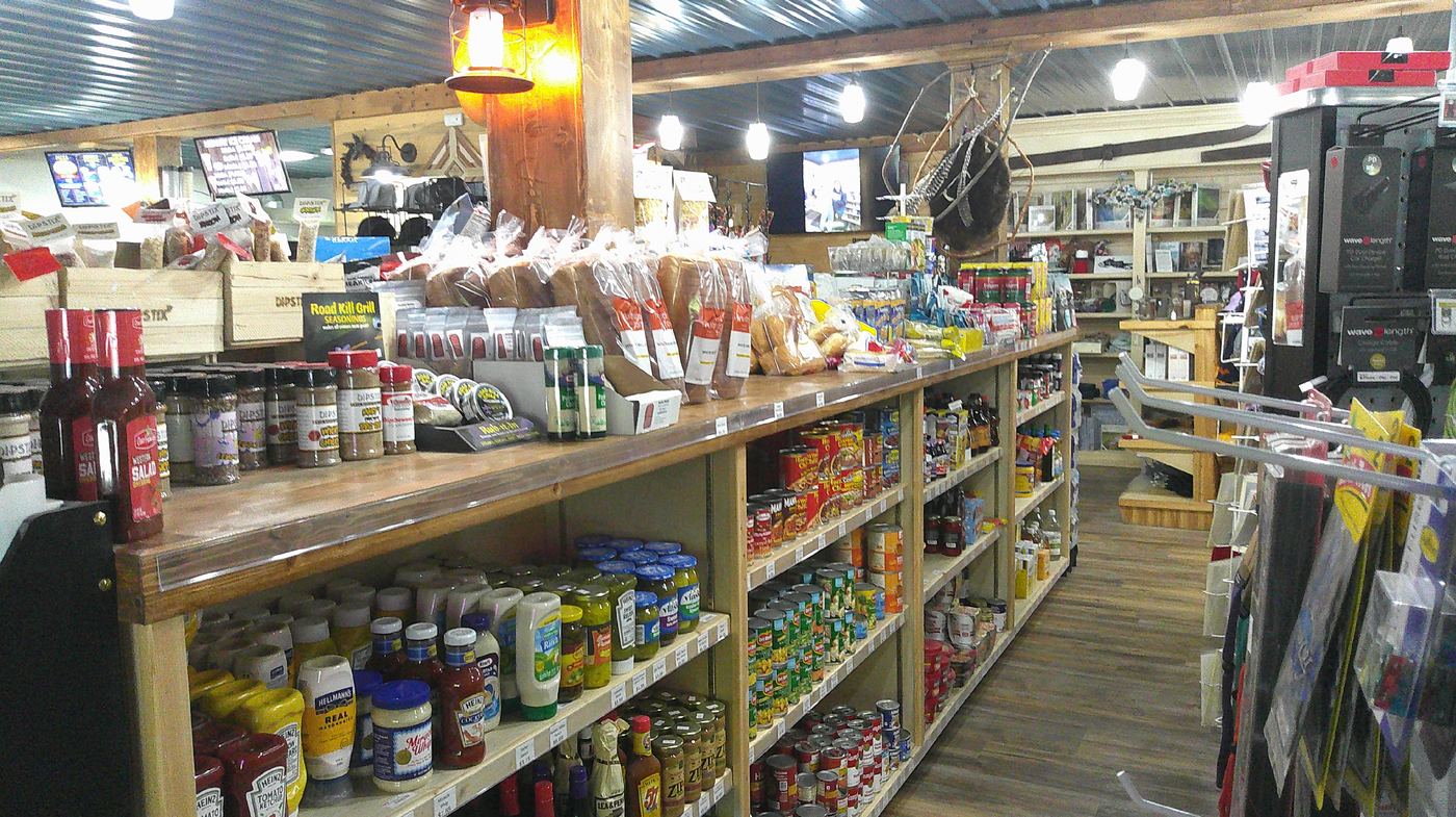Grocery and pantry aisle with hanging lantern