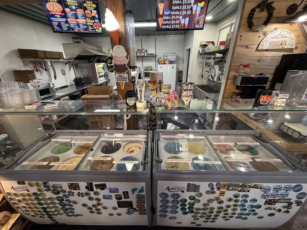 Jilbert's hand-scooped ice cream bar at Midway General Store with all flavors