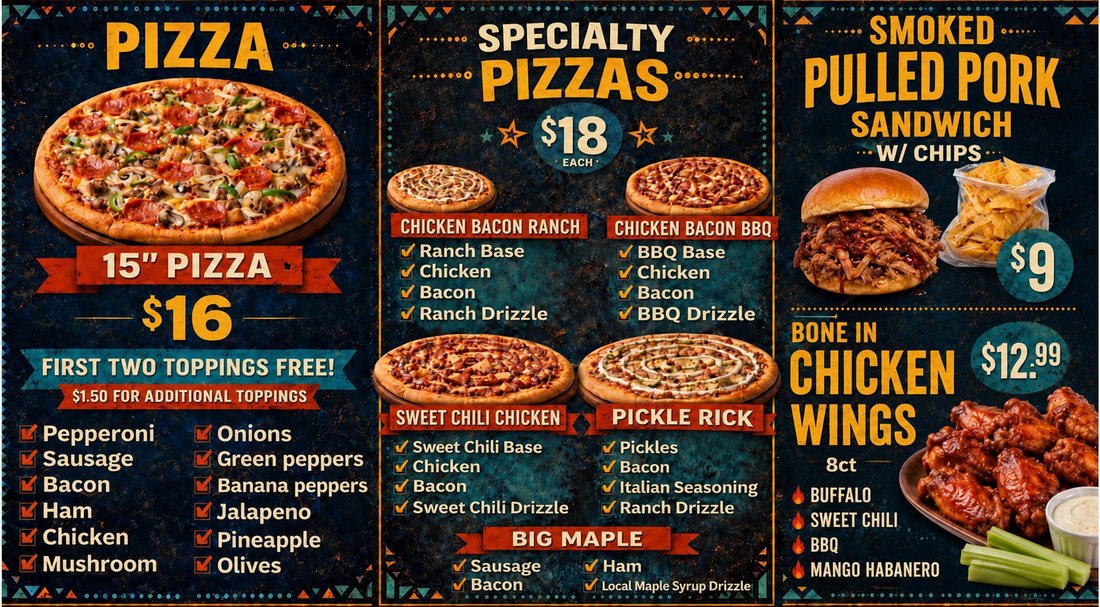Midway General Store full kitchen menu — pizza, specialty pizzas, wings, pulled pork